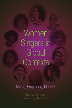 Book title(Women Singers in Global Contexts) in the middle of 10 images of women's faces, arranged in an oval, over a pink background